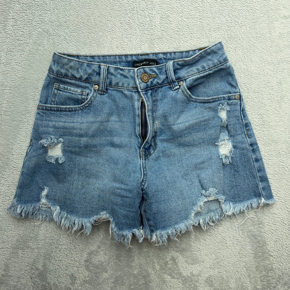 Sincerely Jules Denim Shorts Womens 1/25 Light Blue Distressed Raw Hem Rip